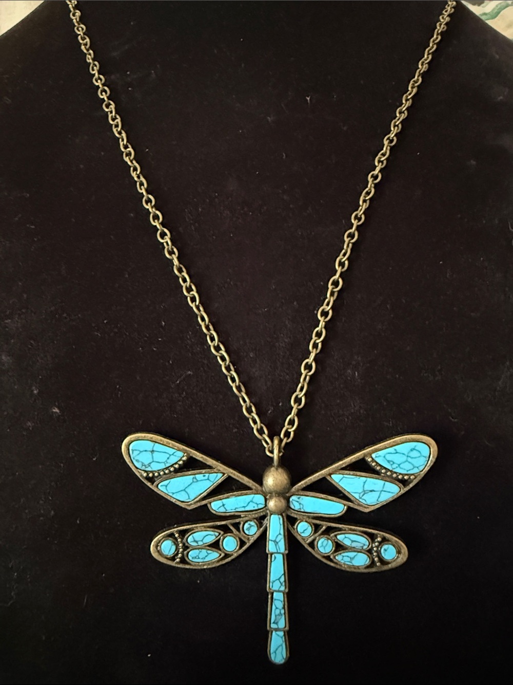 New Women’s Turquoise Dragonfly Pendant Necklace 16.5” & free earrings